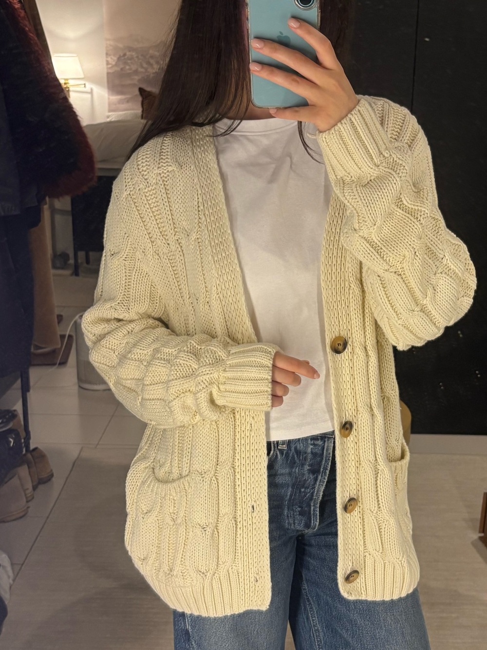 Zara Cream chunky oversized Cable-Knit Button Cardigan